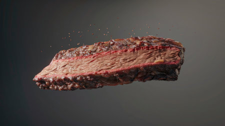 brisket flying mid-air, ultra-realistic with juicy textures and detailed grill marks, angle viewの素材