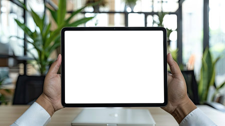 Businessman holding iPad digital tablet with blank screen mockup in modern office setting. Replace with your app or website design.の素材