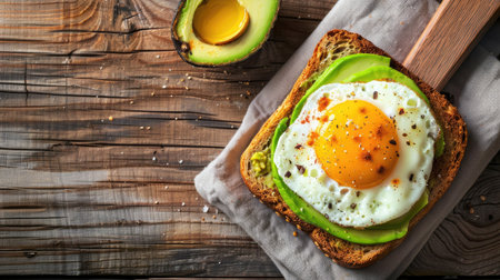 Avocado toast with fried egg, top view on wooden table, healthy breakfast, ample copy spaceの素材