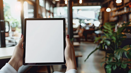 Close-up of woman hands using digital tablet with blank screen in modern coffee shop. Mockup for app or website design.の素材