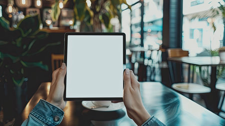 Close-up of woman hands using digital tablet with white screen in coffee shop. Mockup for app or website design.の素材