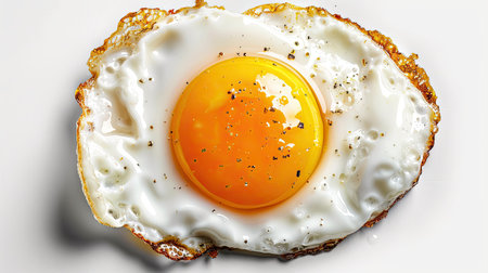 Close-up of a fried egg with golden yolk, isolated on white background, breakfast detailの素材