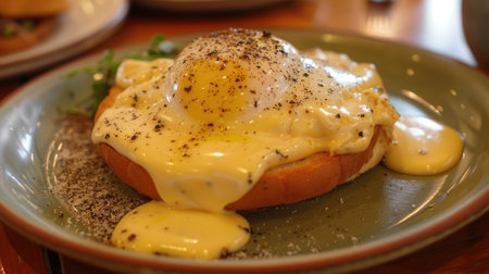 Egg Benedict on a green plate, topped with rich hollandaise sauce and black pepperの素材