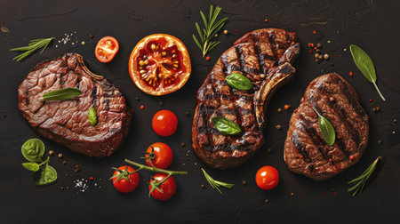 Collection of grilled meats, featuring a perfectly seared beef steak, ultra-realistic and detailed, top viewの素材