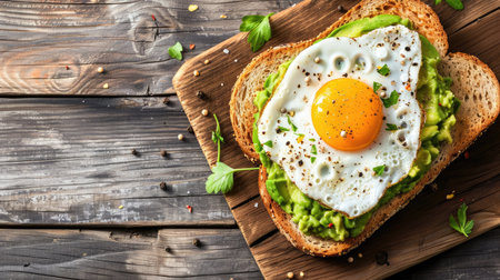 Healthy avocado toast topped with fried egg, wooden table background, top view, ample copy spaceの素材