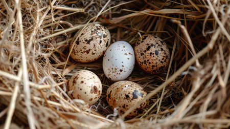 Quail eggs in a nest with straw, rustic and natural setting, top viewの素材