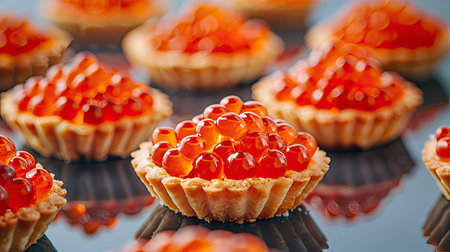 Red caviar tartlets close-up, gourmet appetizer, gray background with reflection, seafood delicatessenの素材
