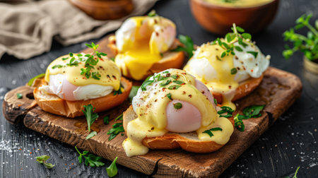 Homemade Eggs Benedict with poached eggs and hollandaise, rustic styleの素材