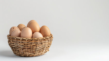 Stack of fresh chicken eggs in wicker bamboo basket, white background, ample copy space for food and nutrition advertisingの素材