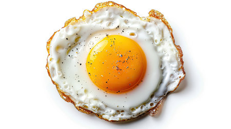 Top view of a fried egg with sunny-side-up yolk, isolated on white background, delicious and close-upの素材