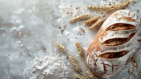 Top view of artisan homemade fresh baked bread with flour and wheat ears on light grey concrete background. Rustic and wholesome bakery sceneの素材