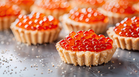 Tartlets with red caviar, close-up, gourmet seafood, gray background, reflection, texture of caviarの素材