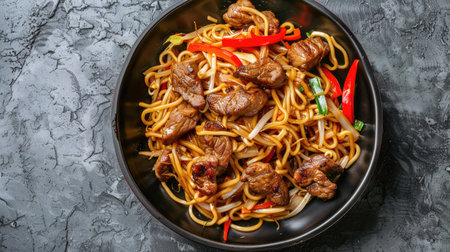 Top view of appetizing stir-fry noodles with meat and vegetables in wok on grey textured table. Ideal for showcasing Asian cuisine.の素材