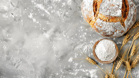 Top view of artisan homemade fresh baked bread with flour and wheat ears on light grey stone background. Ideal for showcasing artisanal bread-making.の素材