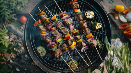 Top view of skewers by BBQ grill with meat and veggies outdoors.の素材