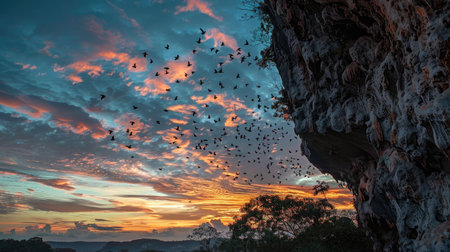 Battambang sunset with a colony of bats streaming out of a cave, sky painted in colorsの素材