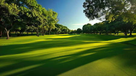 Lush green fairway on a golf course with surrounding trees on a sunny dayの素材