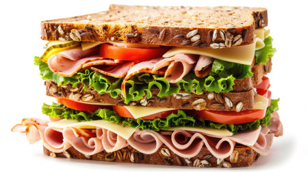 Tall deli sandwich with layers of ham, turkey, cheese, lettuce, and tomato on whole grain bread, isolatedの素材