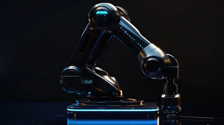 Sleek industrial robot prototype on black background, highlighting modern technologyの素材