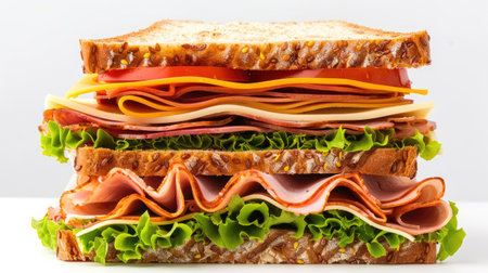 Tall deli sandwich with layers of ham, turkey, cheese, lettuce, and tomato, isolatedの素材
