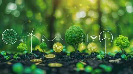Trees growing on coins symbolizing green investments, growth chart with renewable energy icons, Earthの素材