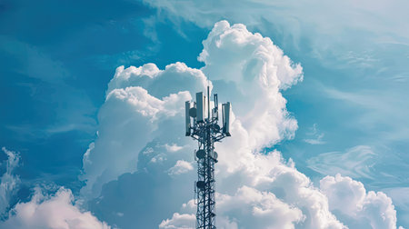 Mobile network tower against white clouds, ensuring uninterrupted communication, striking contrastの素材