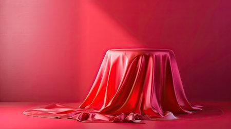 Luxurious cylinder pedestal with red cloth, vivid magenta background, product displayの素材