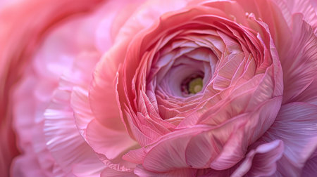Detailed macro of a pink ranunculus blossom, emphasizing its vivid color and texturesの素材