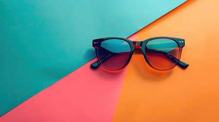 Trendy sunglasses on a bright background, promoting a summer sale with text spaceの素材