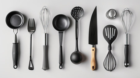 Collection of cooking utensils on white background, clean and contemporary designの素材