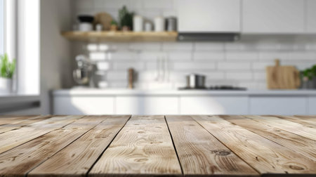 Modern white kitchen with blurred background, wooden table in front, stylish decorの素材