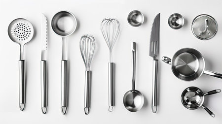 Assorted stainless steel kitchen tools on white background, sleek and modernの素材