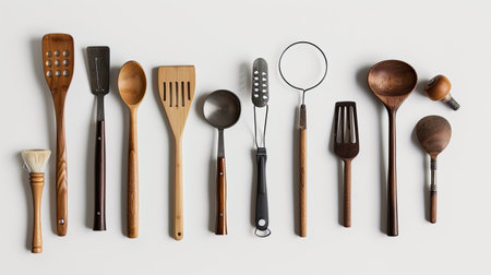 Assorted kitchen utensils on a white background, modern and stylishの素材