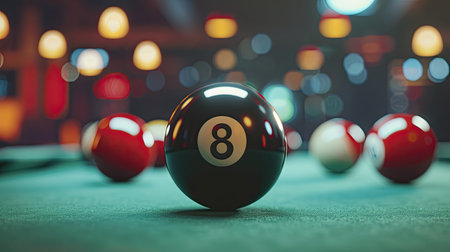 Billiard balls scattered on a pool table, the black eight ball in sharp focus, symbolizing sports bettingの素材