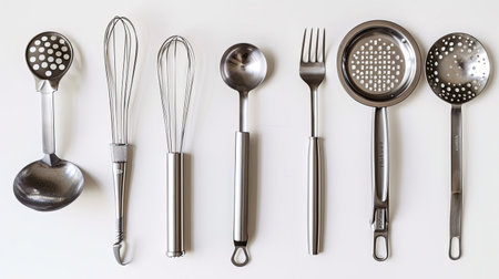 Assorted stainless steel kitchen tools on white background, sleek and modernの素材