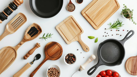 Stylish kitchenware set on pure white background, elegant and modern kitchen essentialsの素材
