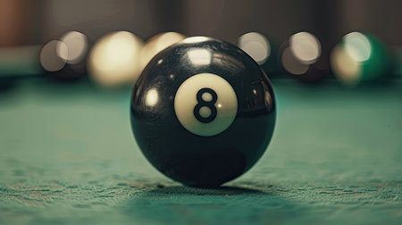 Black eight ball on billiard table, intense close-up showcasing the crucial final shotの素材