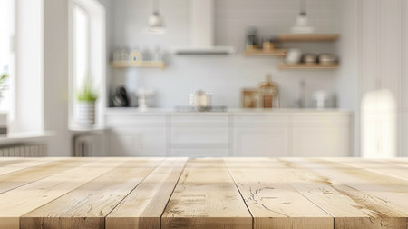 Blurred view of white kitchen with wooden table in focus, modern home decorの素材