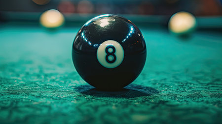Black eight ball on green felt, close-up shot capturing the tension of the gameの素材