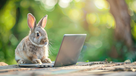 Cute fluffy bunny with a laptop on a spring green bokeh background. Adorable rabbit using technology on a natural wooden backgroundの素材
