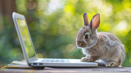 Adorable baby rabbit with a laptop on a spring green bokeh background. Tiny bunny exploring a notebook on a wooden surfaceの素材