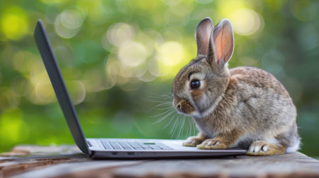 Adorable baby bunny with a laptop on a spring green bokeh background. Tiny rabbit using a notebook on a wooden surfaceの素材