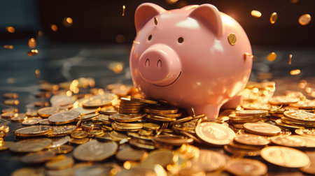 Pink piggy bank inundated with gold coins, overflowing and spreading wealth across the floorの素材