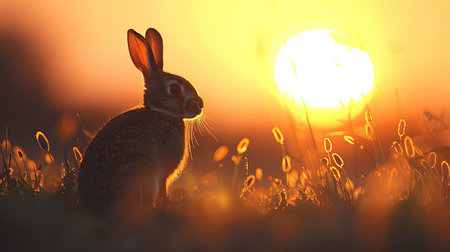 Backlit rabbit silhouette against a vibrant sunset, highlighting the beauty of duskの素材