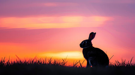 Rabbit silhouette against the backdrop of a glowing sunset sky, creating a tranquil sceneの素材