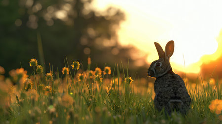 Evening meadow scene with a rabbit silhouette, capturing the peacefulness of duskの素材