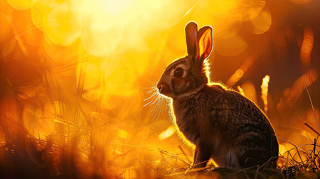 Silhouette of a rabbit with the sunset's golden rays highlighting its shapeの素材