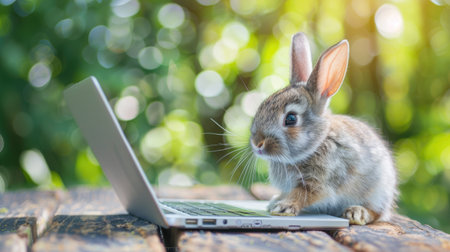 Adorable bunny with a small laptop on a spring green bokeh background. Tiny rabbit exploring a notebook on a wooden surfaceの素材