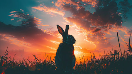 Silhouette of a rabbit standing tall against a stunning sunset skyの素材