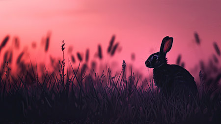 Silhouette of a rabbit in a calm evening meadow, under the gentle hues of duskの素材